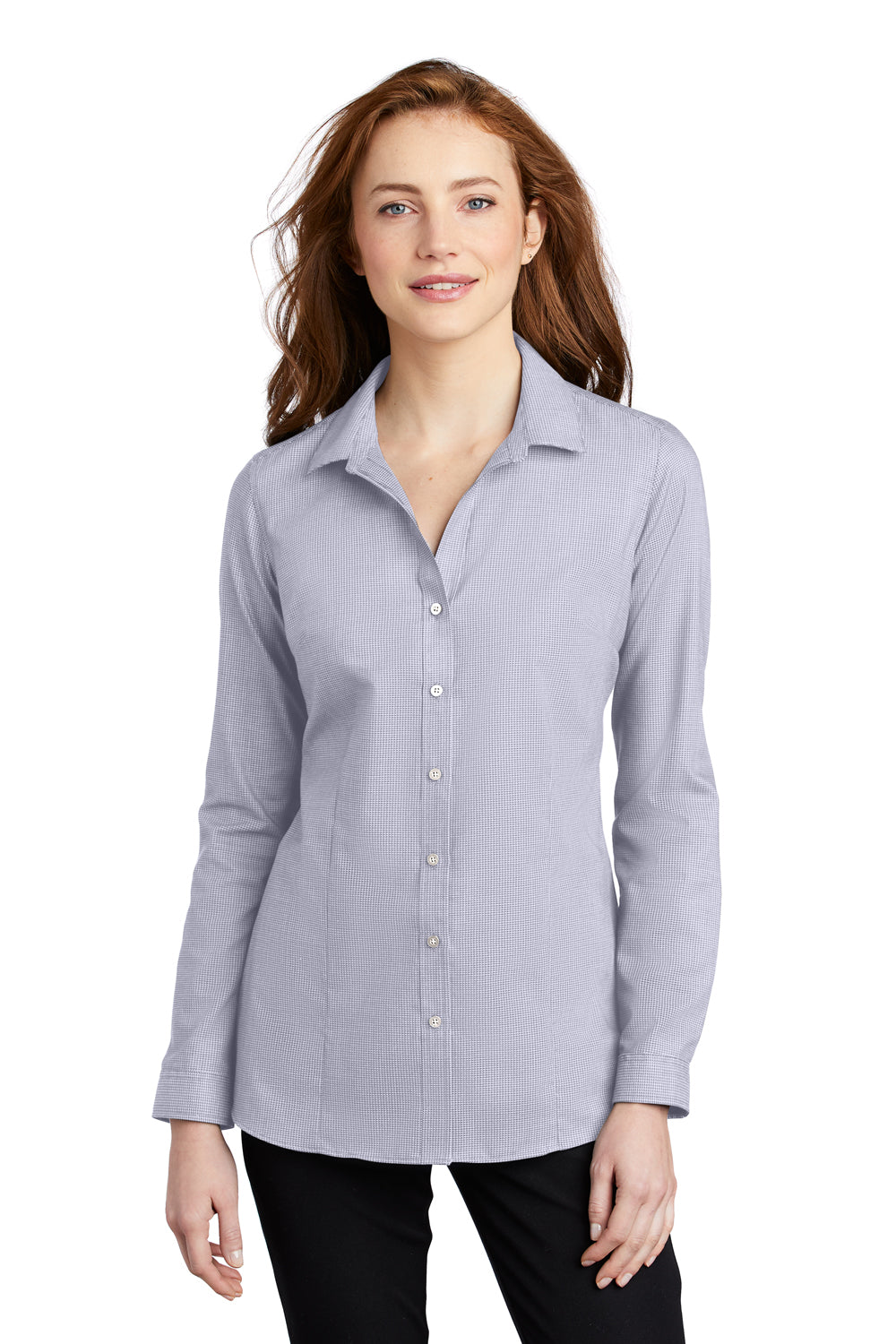 Port Authority LW645 Womens Pincheck Wrinkle Resistant Long Sleeve Button Down Shirt Gusty Grey/White Model Front