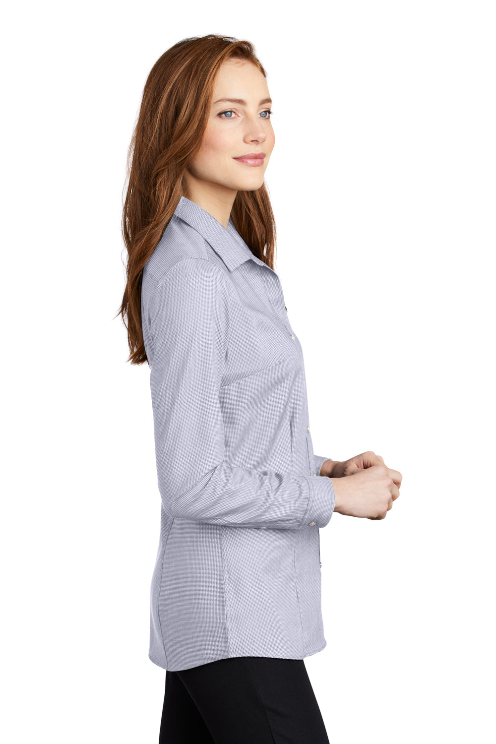 Port Authority LW645 Womens Pincheck Wrinkle Resistant Long Sleeve Button Down Shirt Gusty Grey/White Model Side