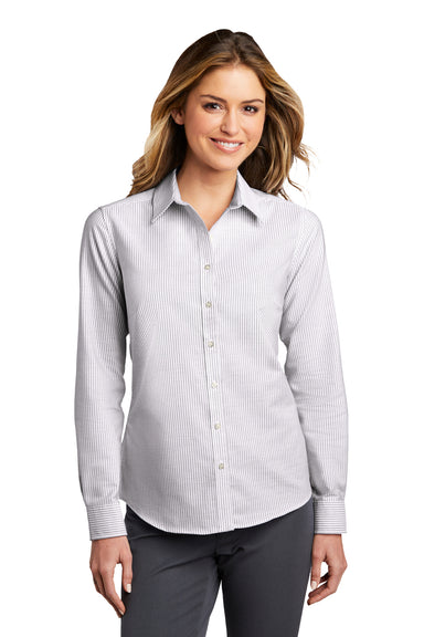 Port Authority LW657 Womens SuperPro Wrinkle Resistant Long Sleeve Button Down Shirt Gusty Grey/White Model Front