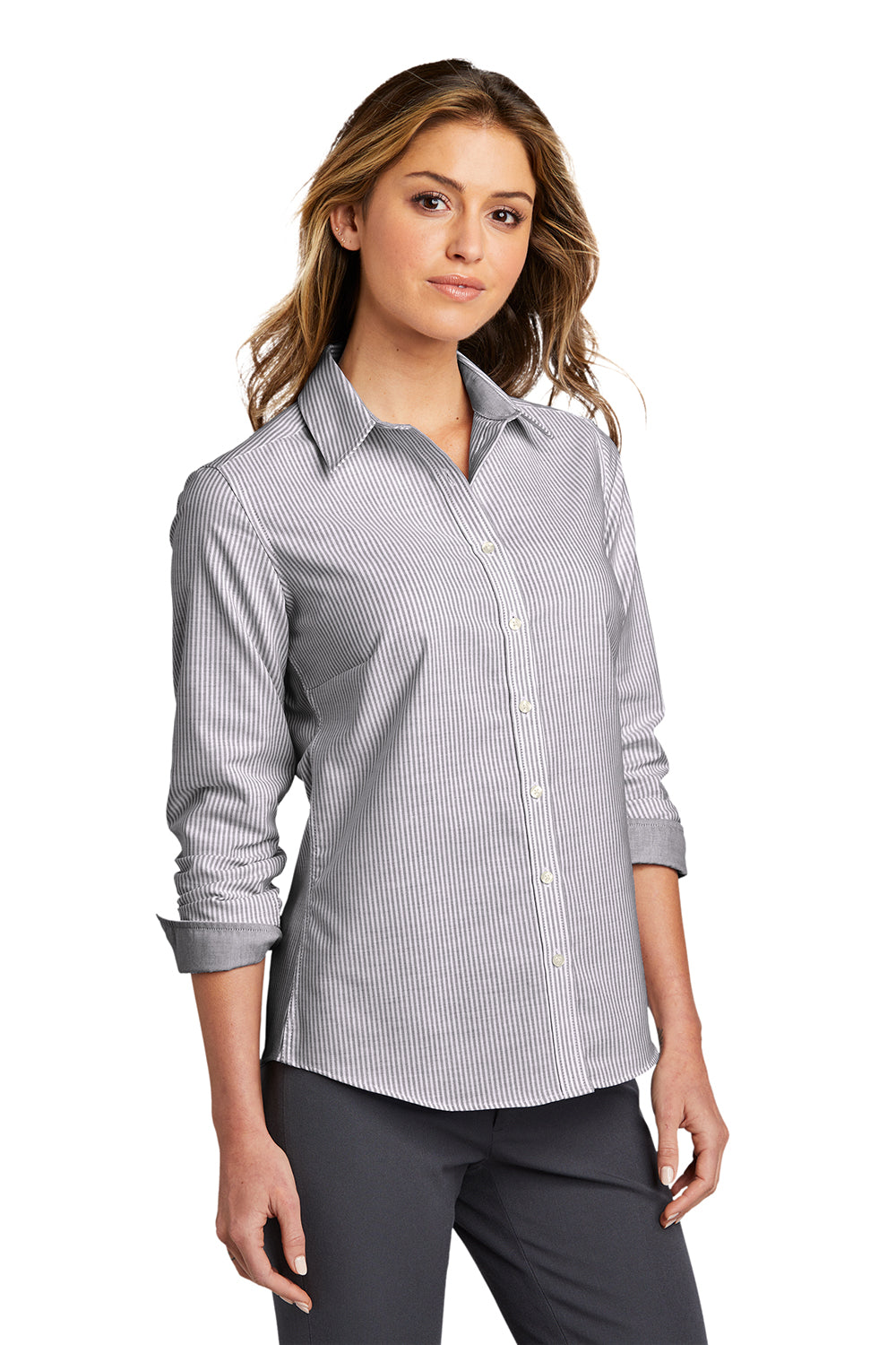 Port Authority LW657 Womens SuperPro Wrinkle Resistant Long Sleeve Button Down Shirt Black/White Model 3q