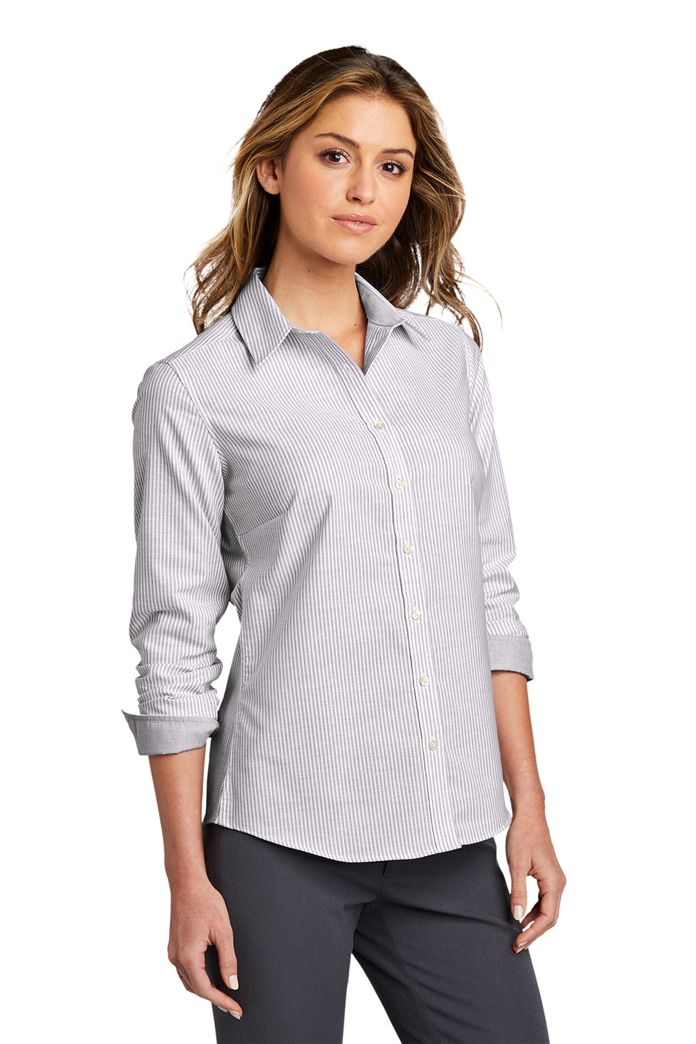 Port Authority LW657 Womens SuperPro Wrinkle Resistant Long Sleeve Button Down Shirt Gusty Grey/White Model 3q