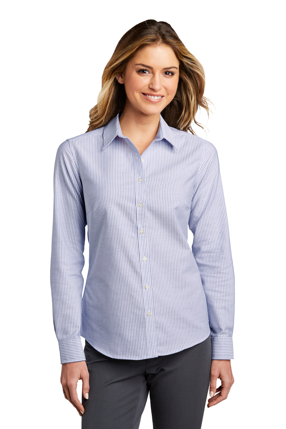 Port Authority LW657 Womens SuperPro Wrinkle Resistant Long Sleeve Button Down Shirt Oxford Blue/White Model Front