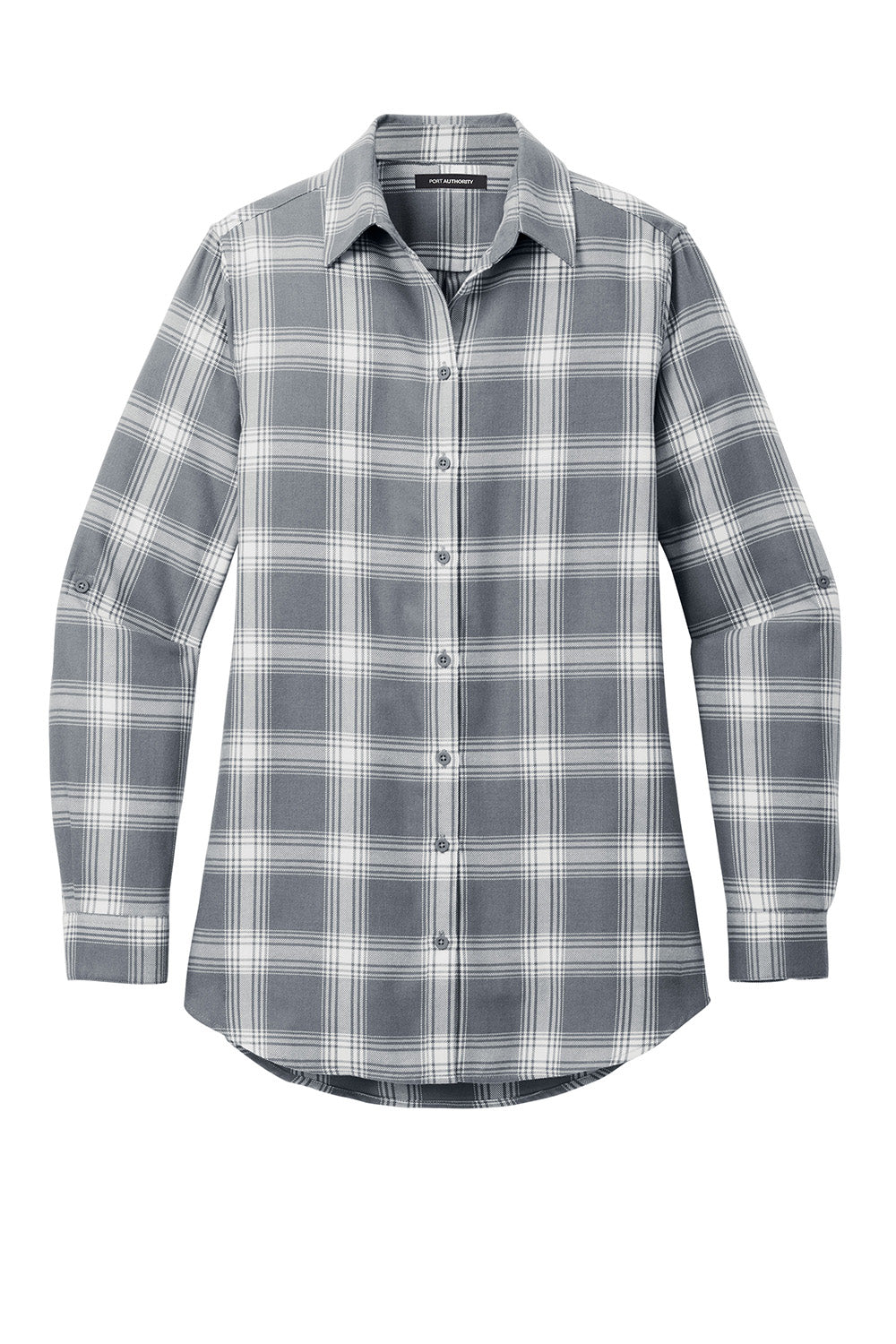 Port Authority LW668 Womens Flannel Long Sleeve Button Down Shirt Grey/Cream Open Plaid Flat Front