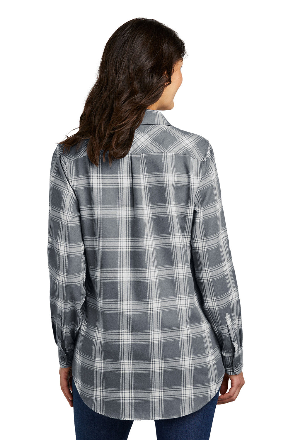 Port Authority LW668 Womens Flannel Long Sleeve Button Down Shirt Grey/Cream Open Plaid Model Back