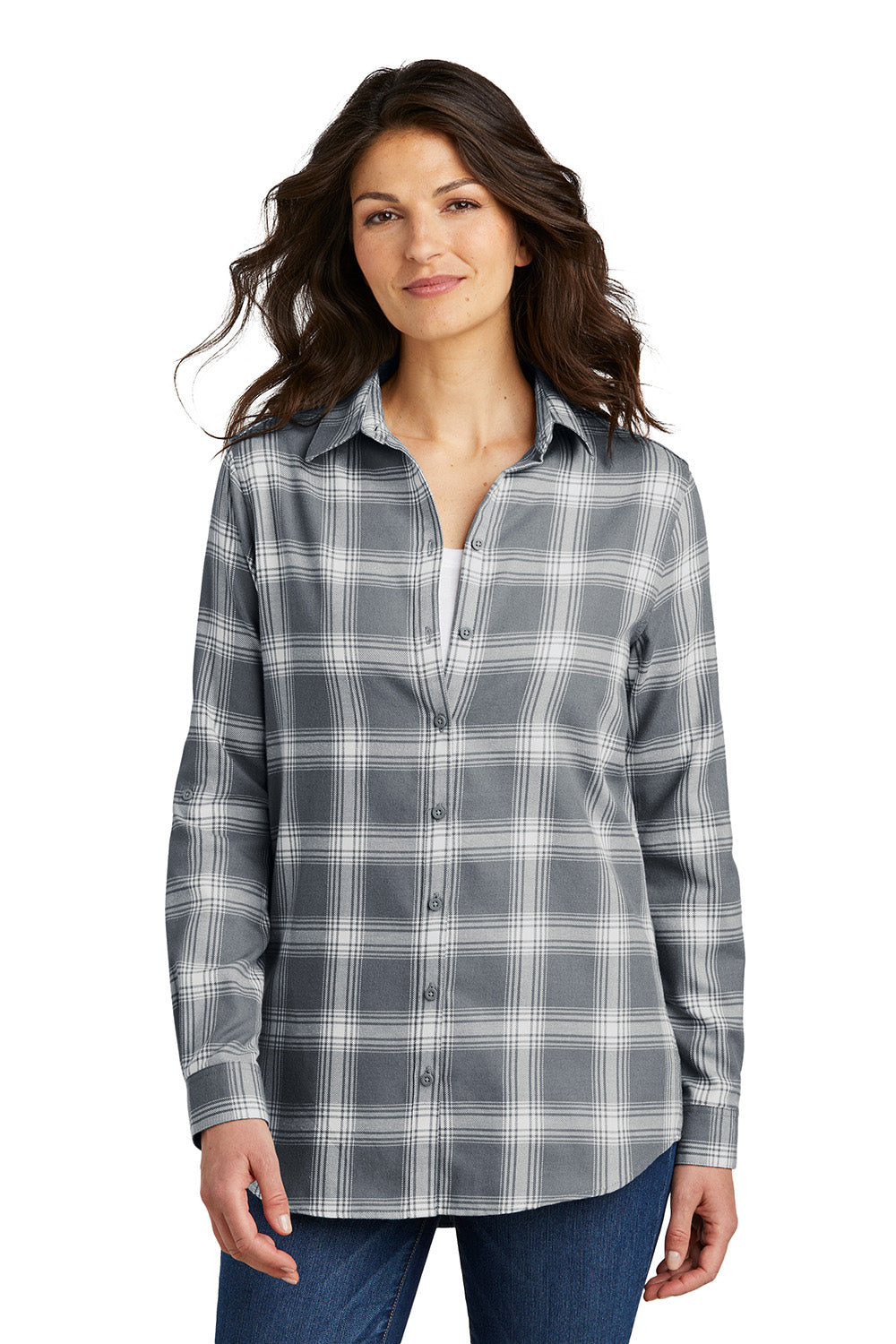 Port Authority LW668 Womens Flannel Long Sleeve Button Down Shirt Grey/Cream Open Plaid Model Front