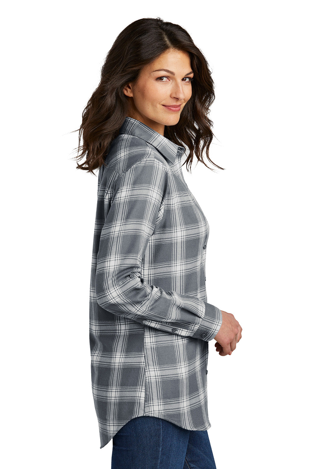 Port Authority LW668 Womens Flannel Long Sleeve Button Down Shirt Grey/Cream Open Plaid Model Side