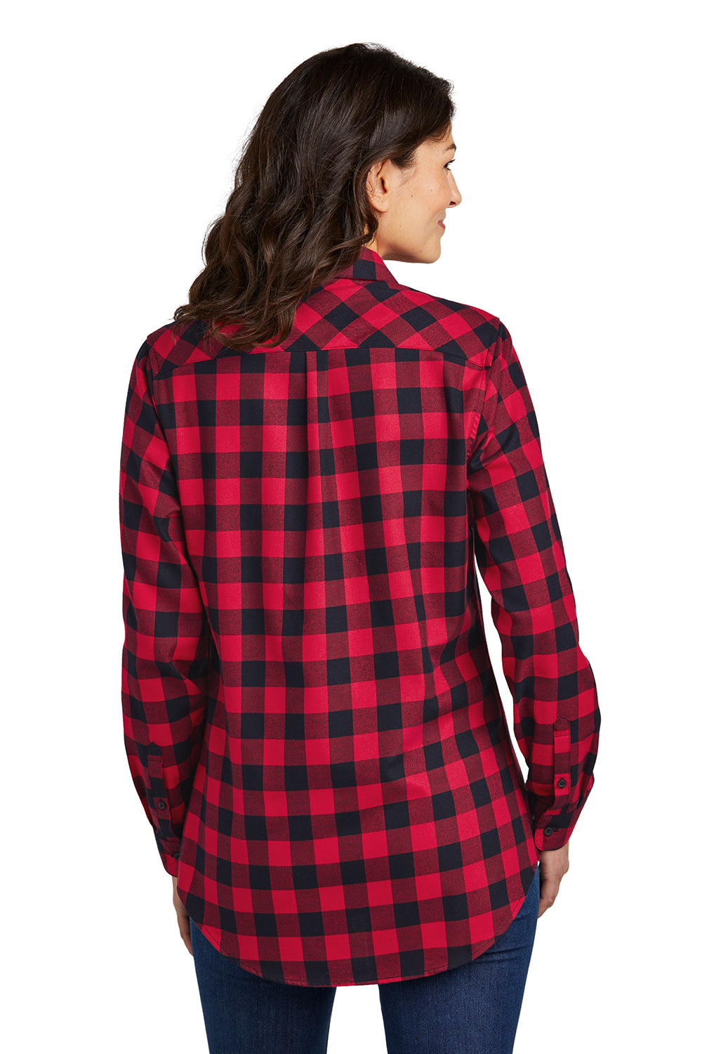 Port Authority LW668 Womens Flannel Long Sleeve Button Down Shirt Red/Black Buffalo Model Back