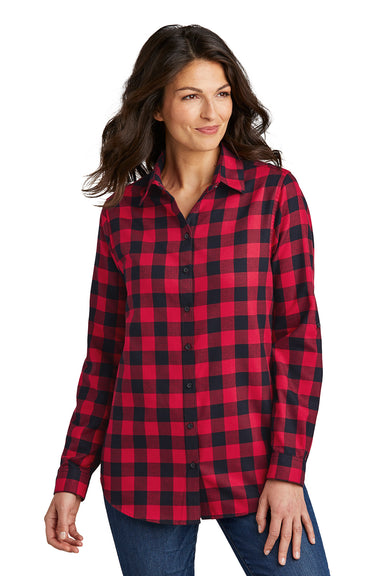 Port Authority LW668 Womens Flannel Long Sleeve Button Down Shirt Red/Black Buffalo Model Front