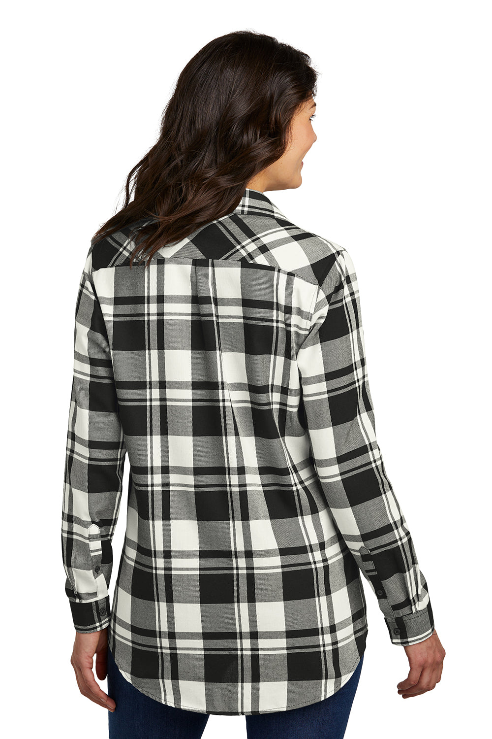 Port Authority LW668 Womens Flannel Long Sleeve Button Down Shirt Snow White/Black Model Back