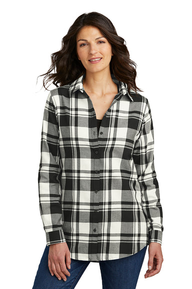 Port Authority LW668 Womens Flannel Long Sleeve Button Down Shirt Snow White/Black Model Front