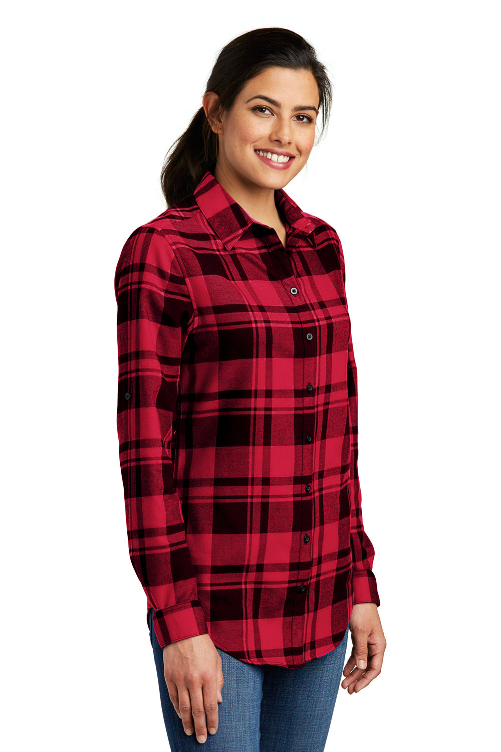 Port Authority LW668 Womens Flannel Long Sleeve Button Down Shirt Engine Red/Black Model 3q