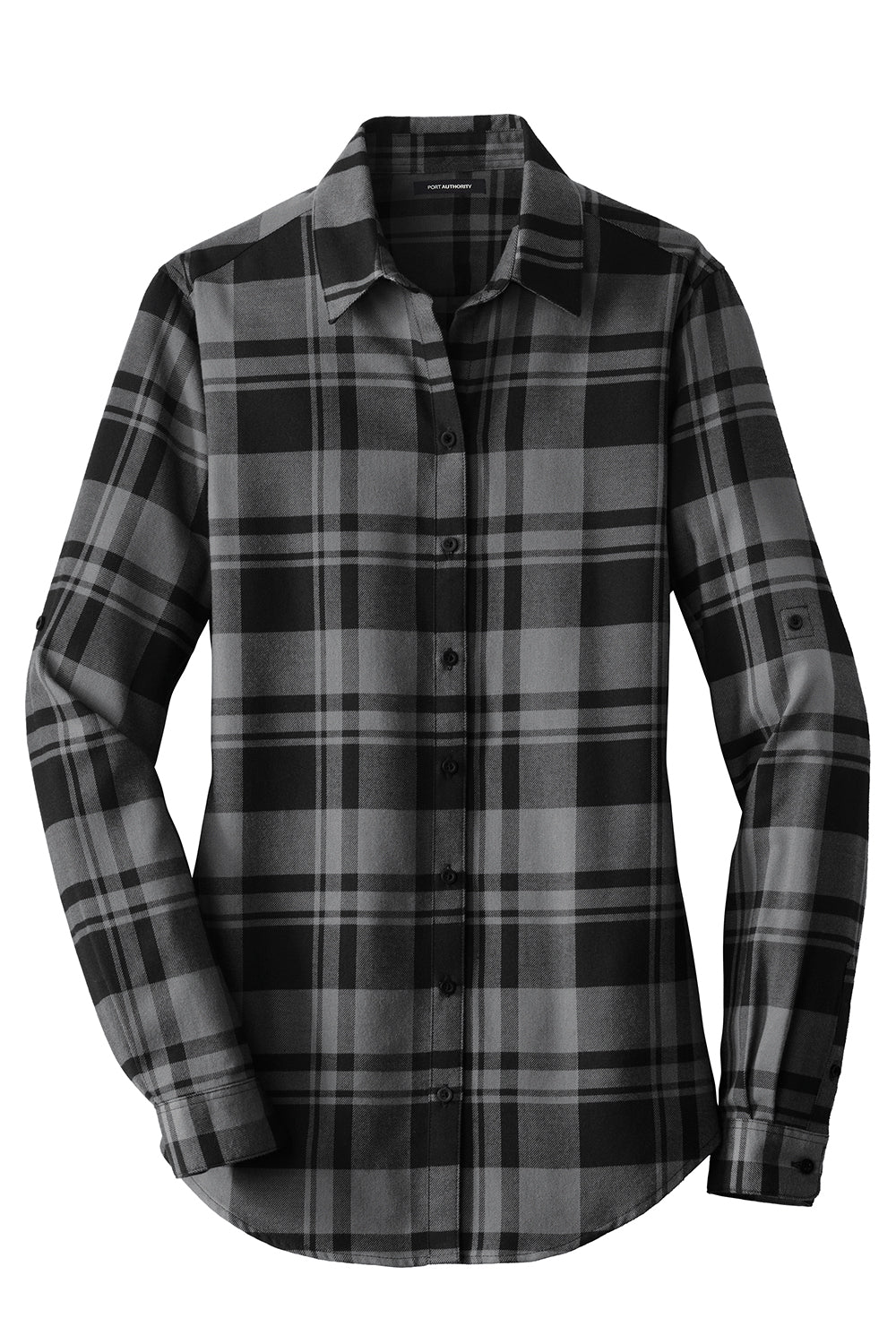 Port Authority LW668 Womens Flannel Long Sleeve Button Down Shirt Grey/Black Flat Front