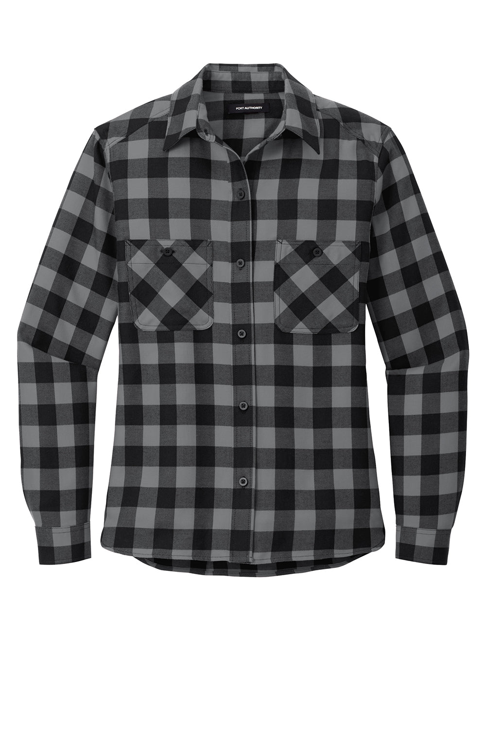 Port Authority LW669 Womens Plaid Flannel Long Sleeve Button Down Shirt w/ Double Pockets Grey/Black Buffalo Flat Front