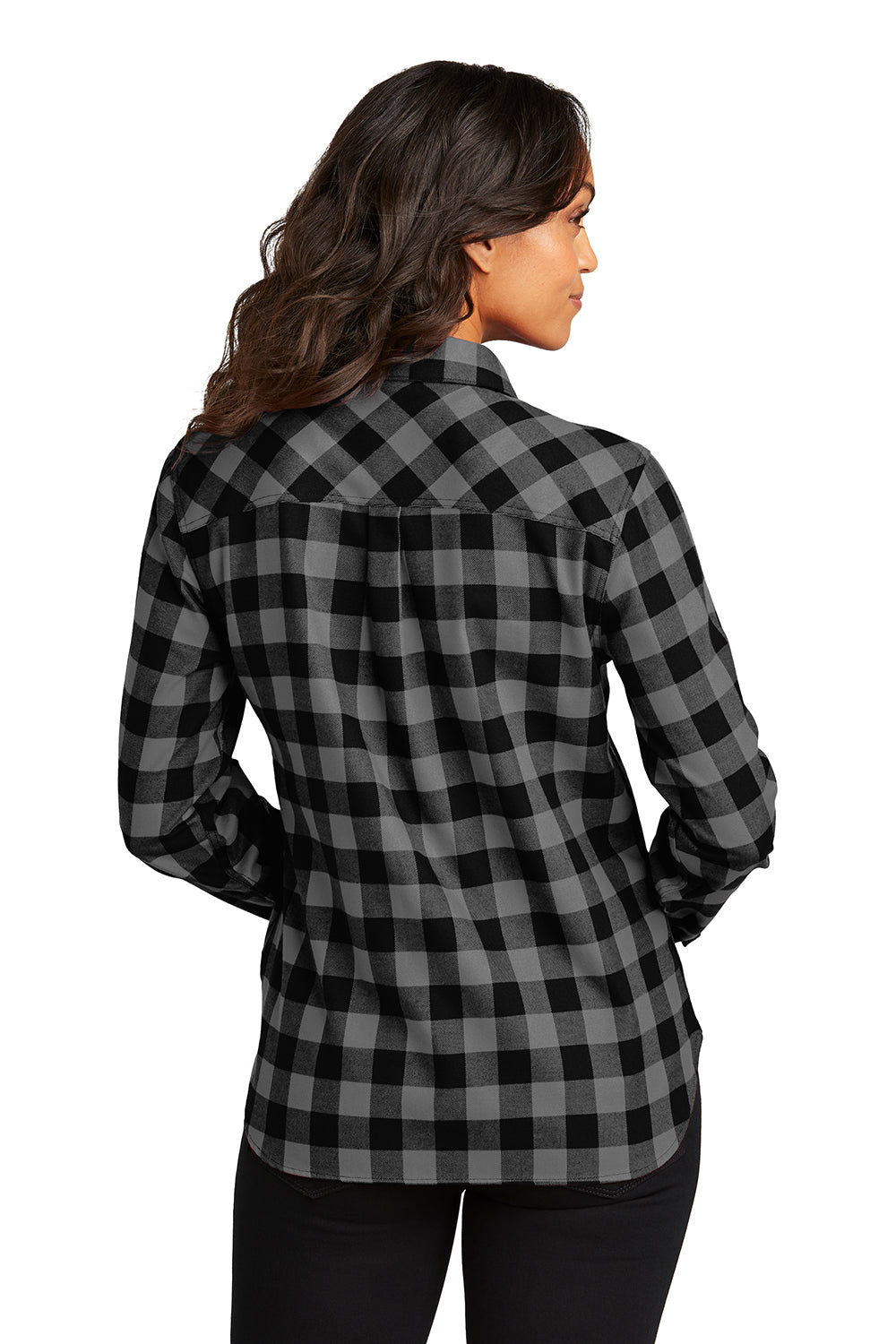 Port Authority LW669 Womens Plaid Flannel Long Sleeve Button Down Shirt w/ Double Pockets Grey/Black Buffalo Model Back