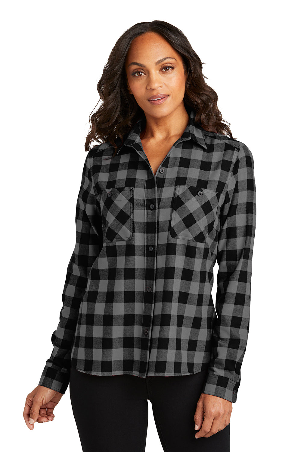 Port Authority LW669 Womens Plaid Flannel Long Sleeve Button Down Shirt w/ Double Pockets Grey/Black Buffalo Model Front