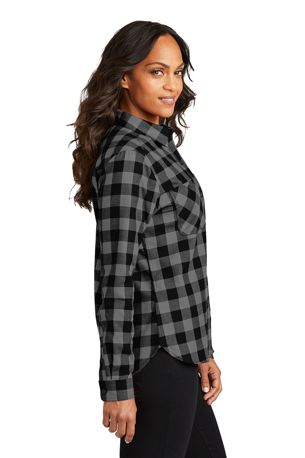 Port Authority LW669 Womens Plaid Flannel Long Sleeve Button Down Shirt w/ Double Pockets Grey/Black Buffalo Model Side