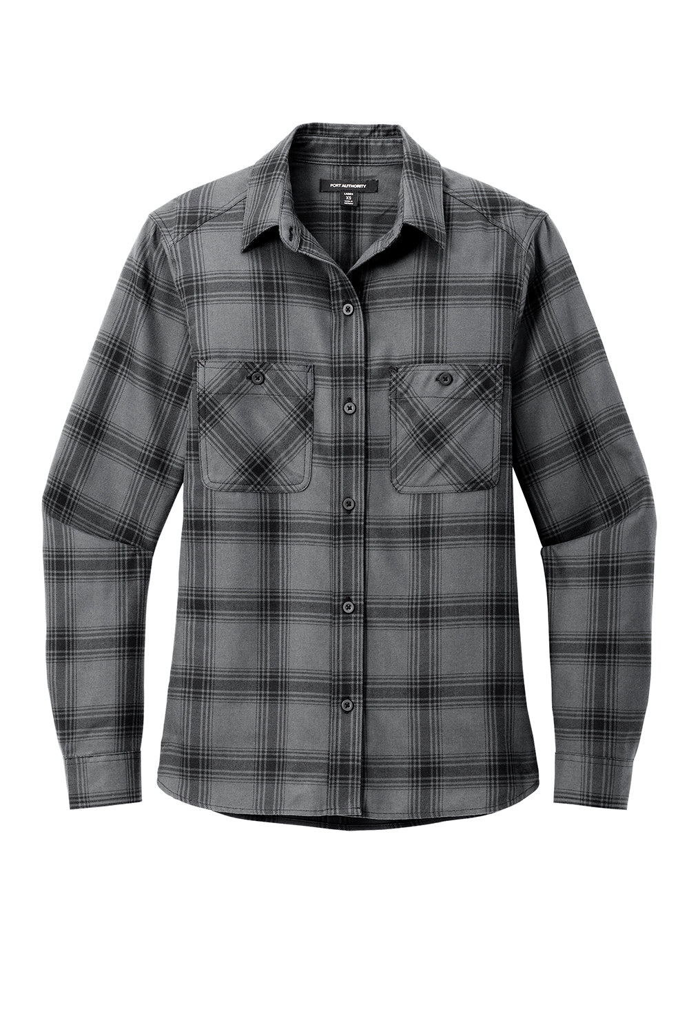 Port Authority LW669 Womens Plaid Flannel Long Sleeve Button Down Shirt w/ Double Pockets Grey/Black Plaid Flat Front