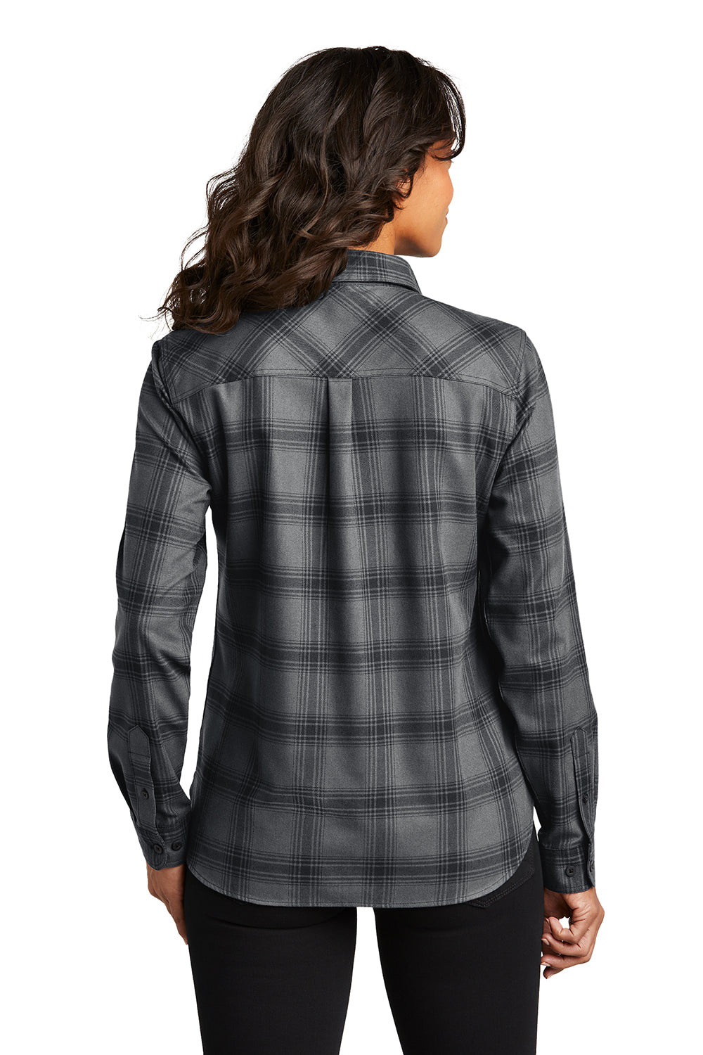 Port Authority LW669 Womens Plaid Flannel Long Sleeve Button Down Shirt w/ Double Pockets Grey/Black Plaid Model Back