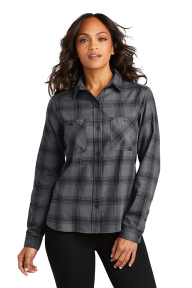 Port Authority LW669 Womens Plaid Flannel Long Sleeve Button Down Shirt w/ Double Pockets Grey/Black Plaid Model Front