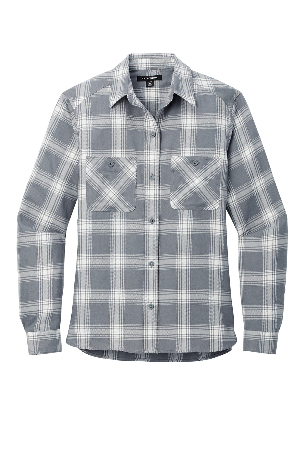 Port Authority LW669 Womens Plaid Flannel Long Sleeve Button Down Shirt w/ Double Pockets Grey/Cream Plaid Flat Front