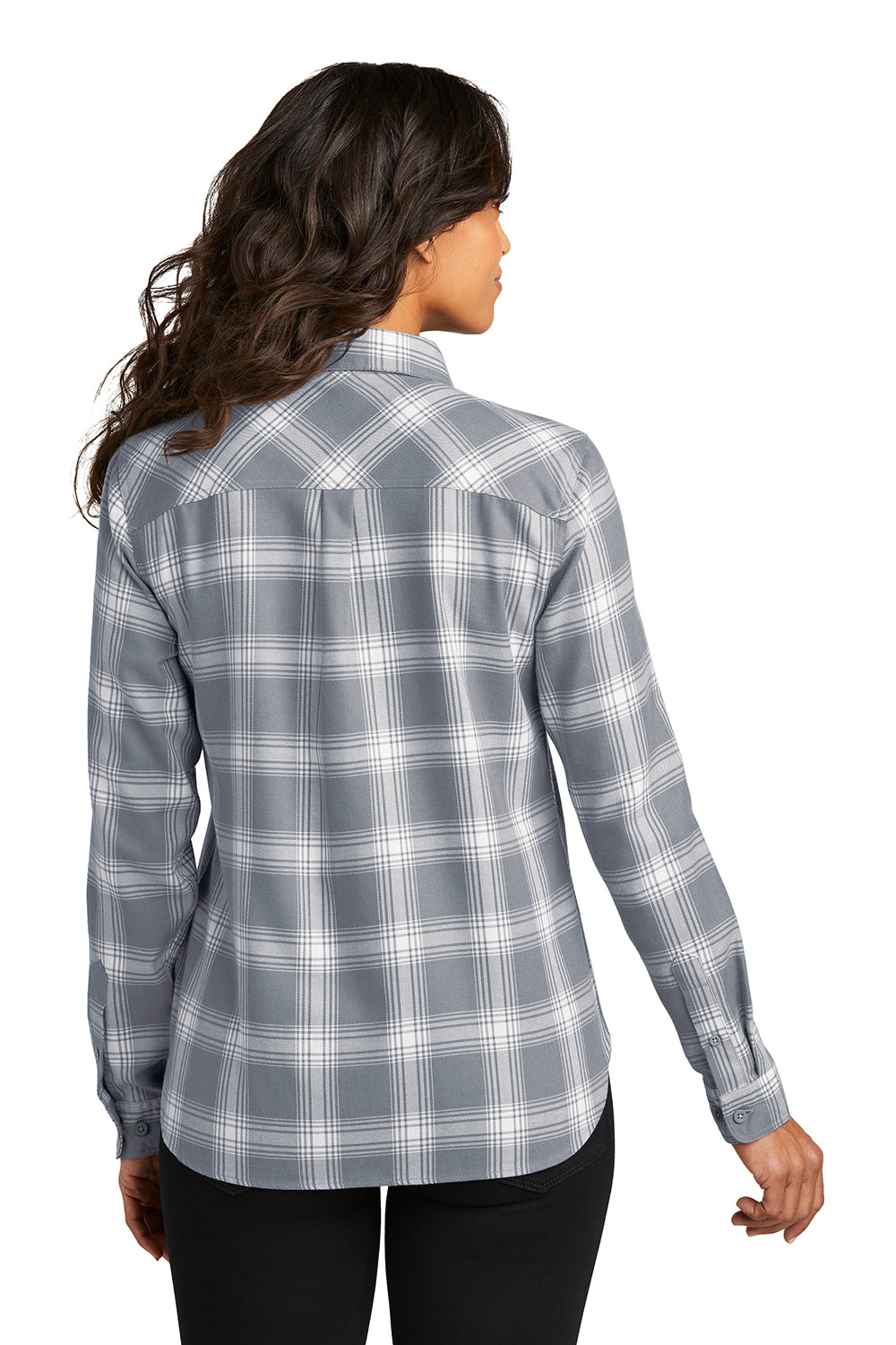 Port Authority LW669 Womens Plaid Flannel Long Sleeve Button Down Shirt w/ Double Pockets Grey/Cream Plaid Model Back