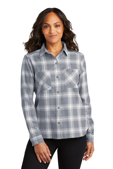 Port Authority LW669 Womens Plaid Flannel Long Sleeve Button Down Shirt w/ Double Pockets Grey/Cream Plaid Model Front