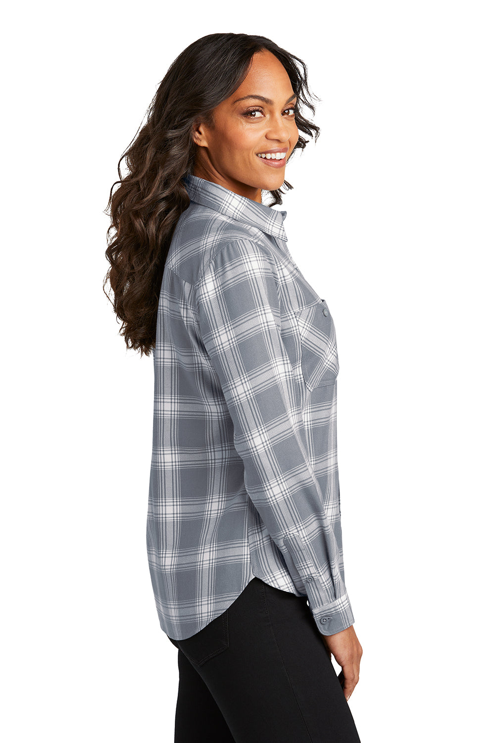 Port Authority LW669 Womens Plaid Flannel Long Sleeve Button Down Shirt w/ Double Pockets Grey/Cream Plaid Model Side