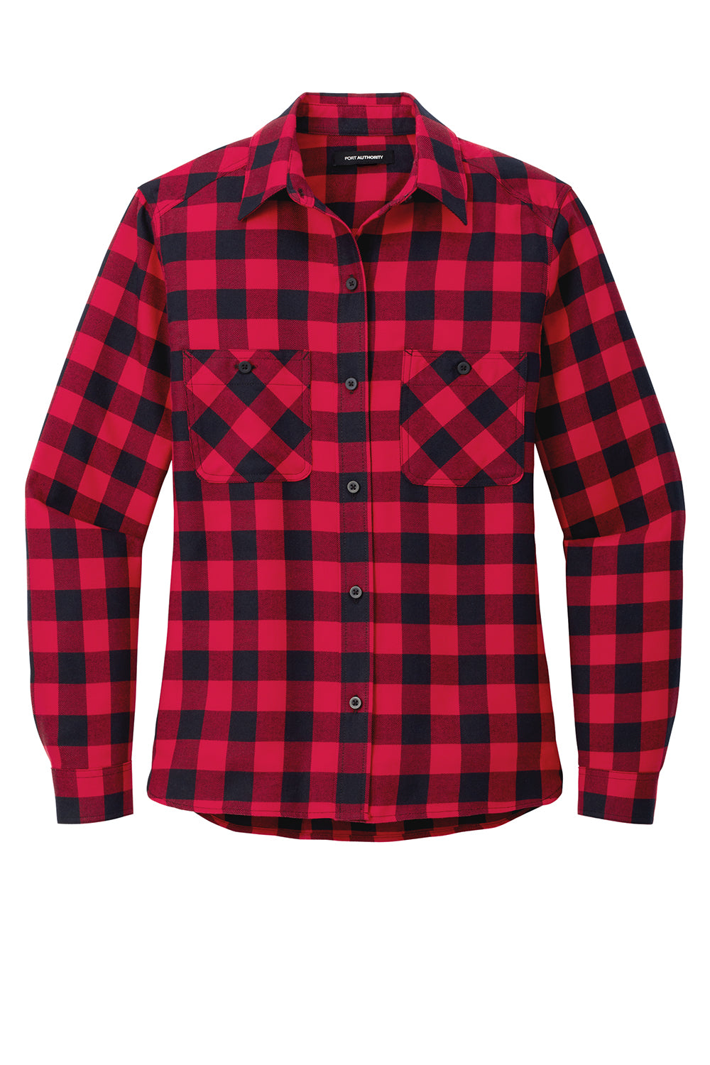 Port Authority LW669 Womens Plaid Flannel Long Sleeve Button Down Shirt w/ Double Pockets Red/Black Buffalo Flat Front