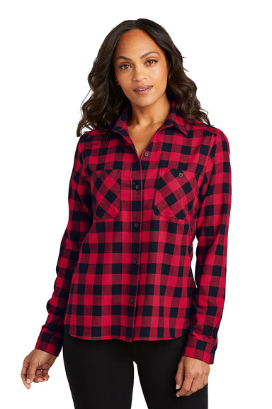 Port Authority LW669 Womens Plaid Flannel Long Sleeve Button Down Shirt w/ Double Pockets Red/Black Buffalo Model Front