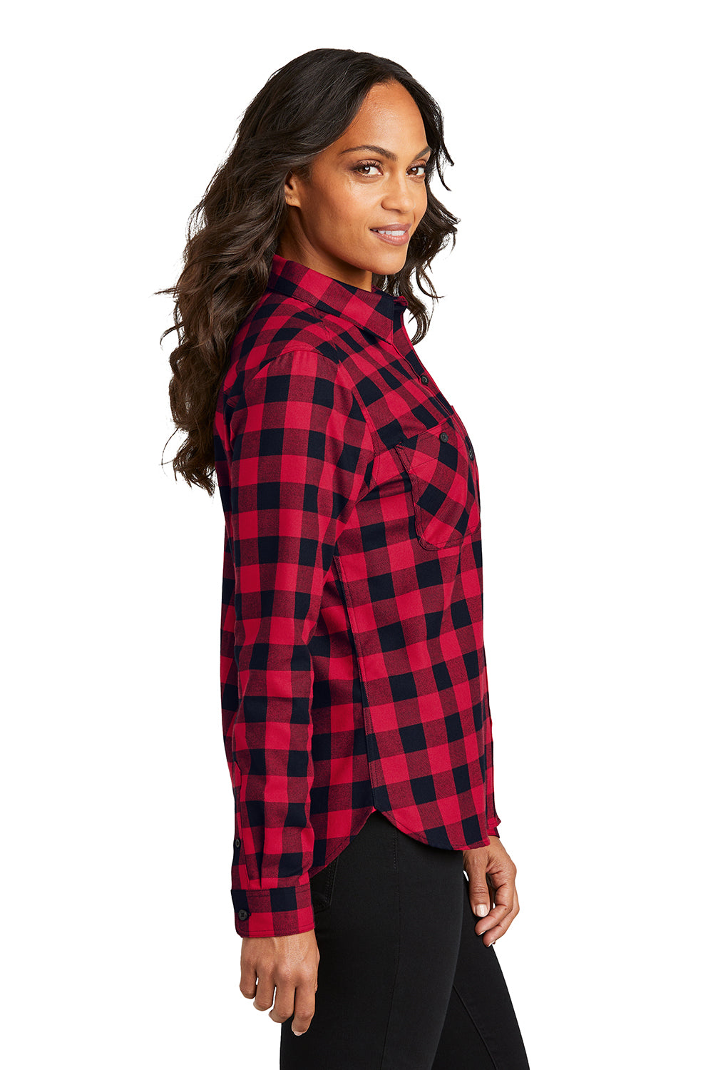 Port Authority LW669 Womens Plaid Flannel Long Sleeve Button Down Shirt w/ Double Pockets Red/Black Buffalo Model Side