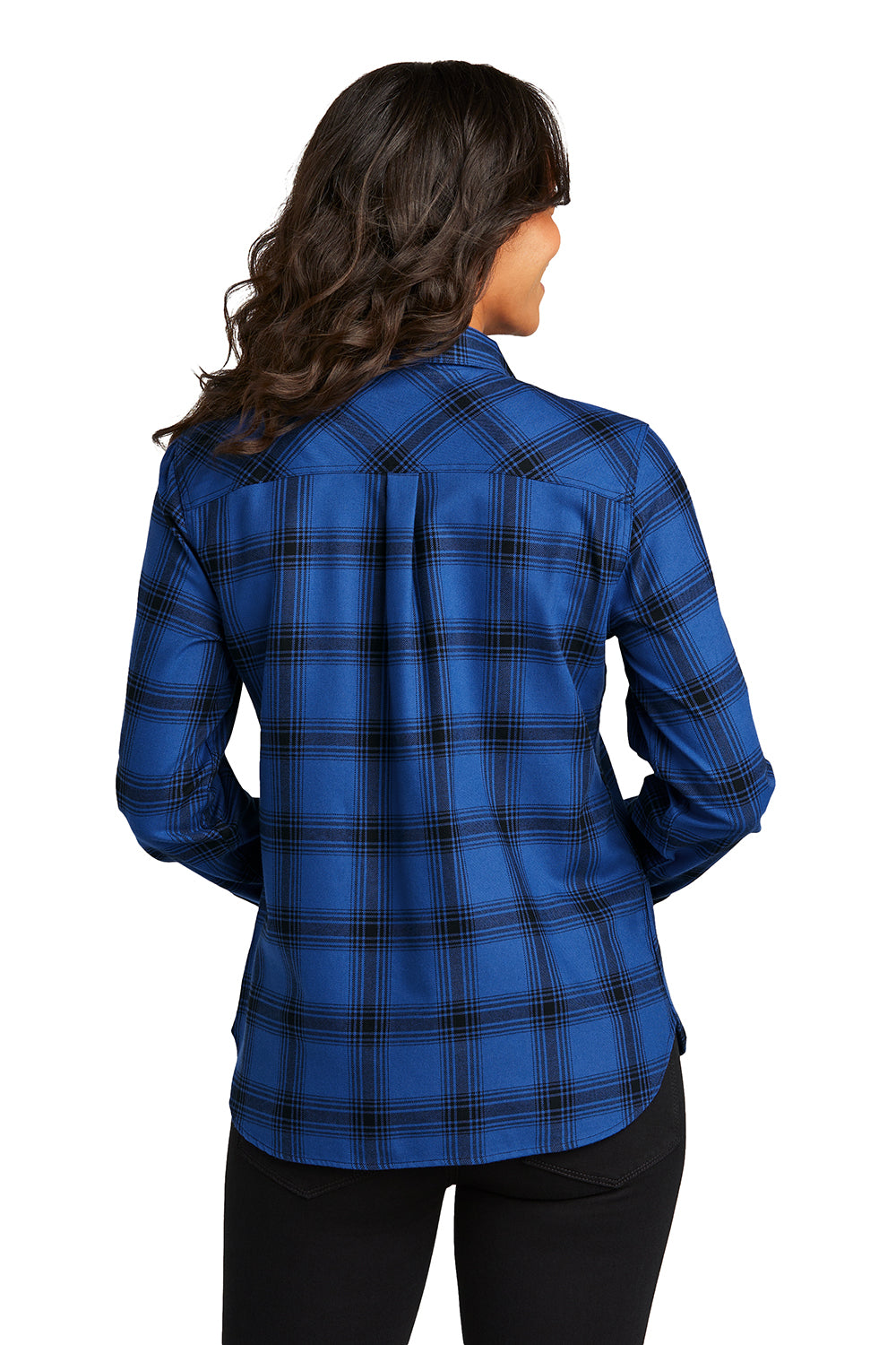 Port Authority LW669 Womens Plaid Flannel Long Sleeve Button Down Shirt w/ Double Pockets Royal/Black Plaid Model Back