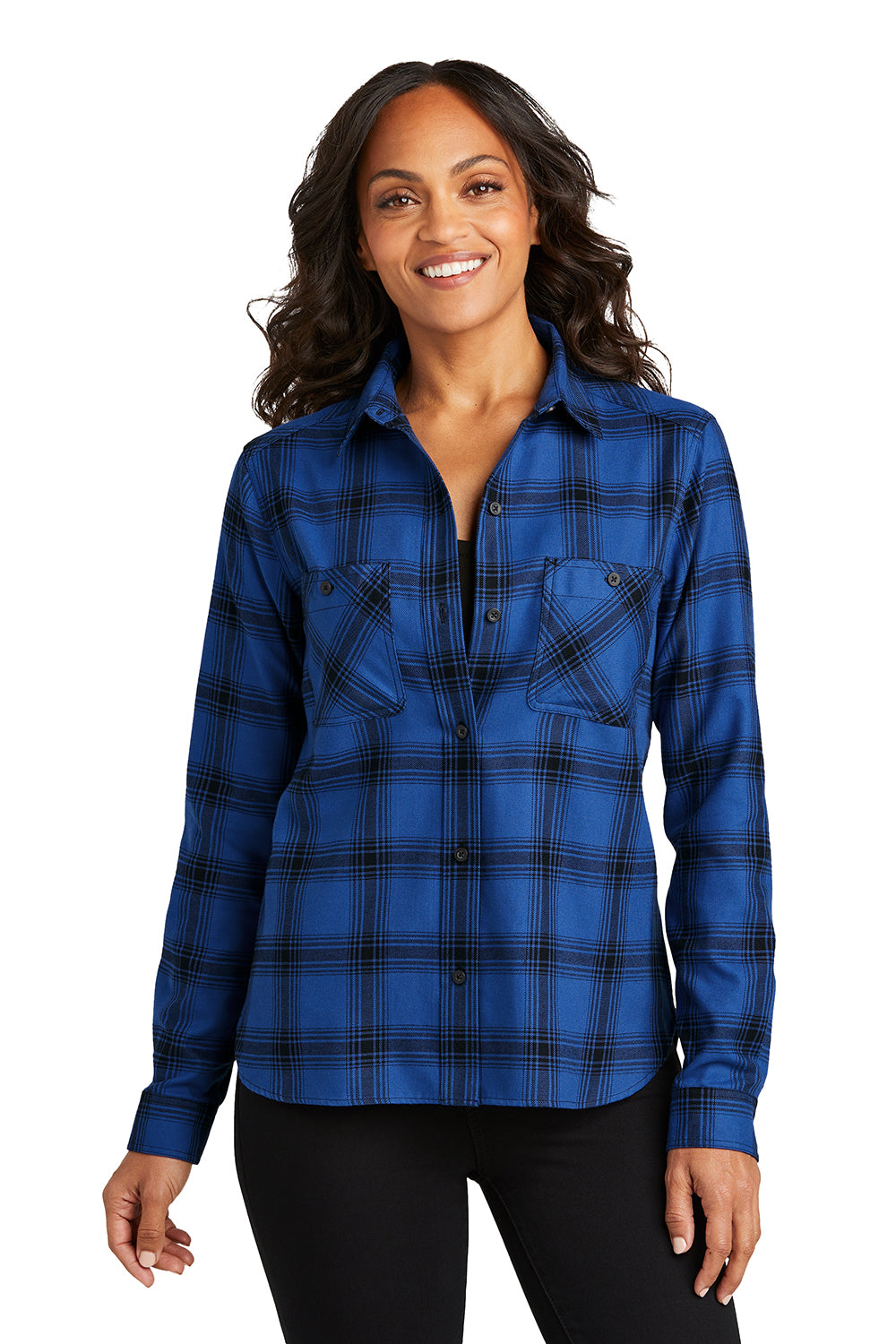 Port Authority LW669 Womens Plaid Flannel Long Sleeve Button Down Shirt w/ Double Pockets Royal Blue/Black Plaid Model Front