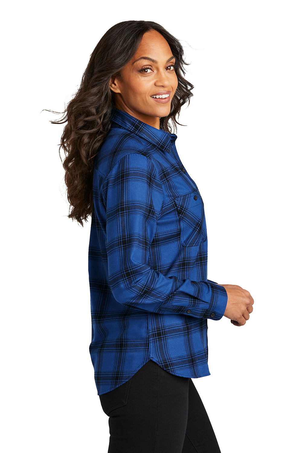 Port Authority LW669 Womens Plaid Flannel Long Sleeve Button Down Shirt w/ Double Pockets Royal/Black Plaid Model Side