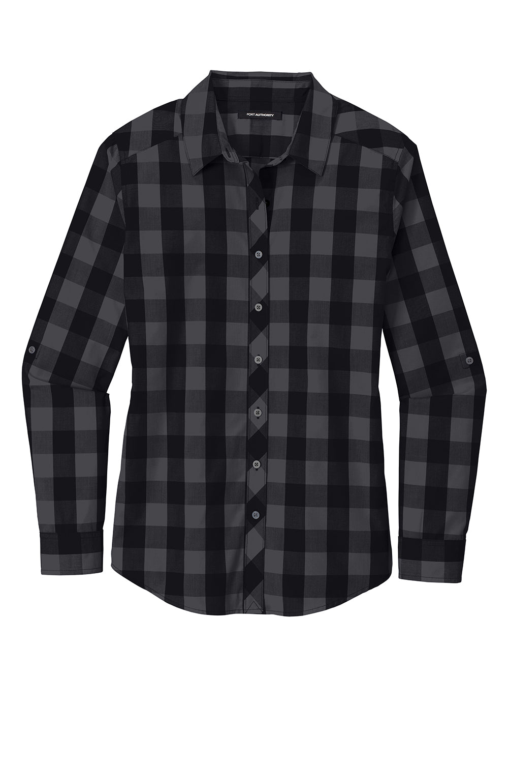 Port Authority LW670 Womens Everyday Plaid Long Sleeve Button Down Shirt Black Flat Front