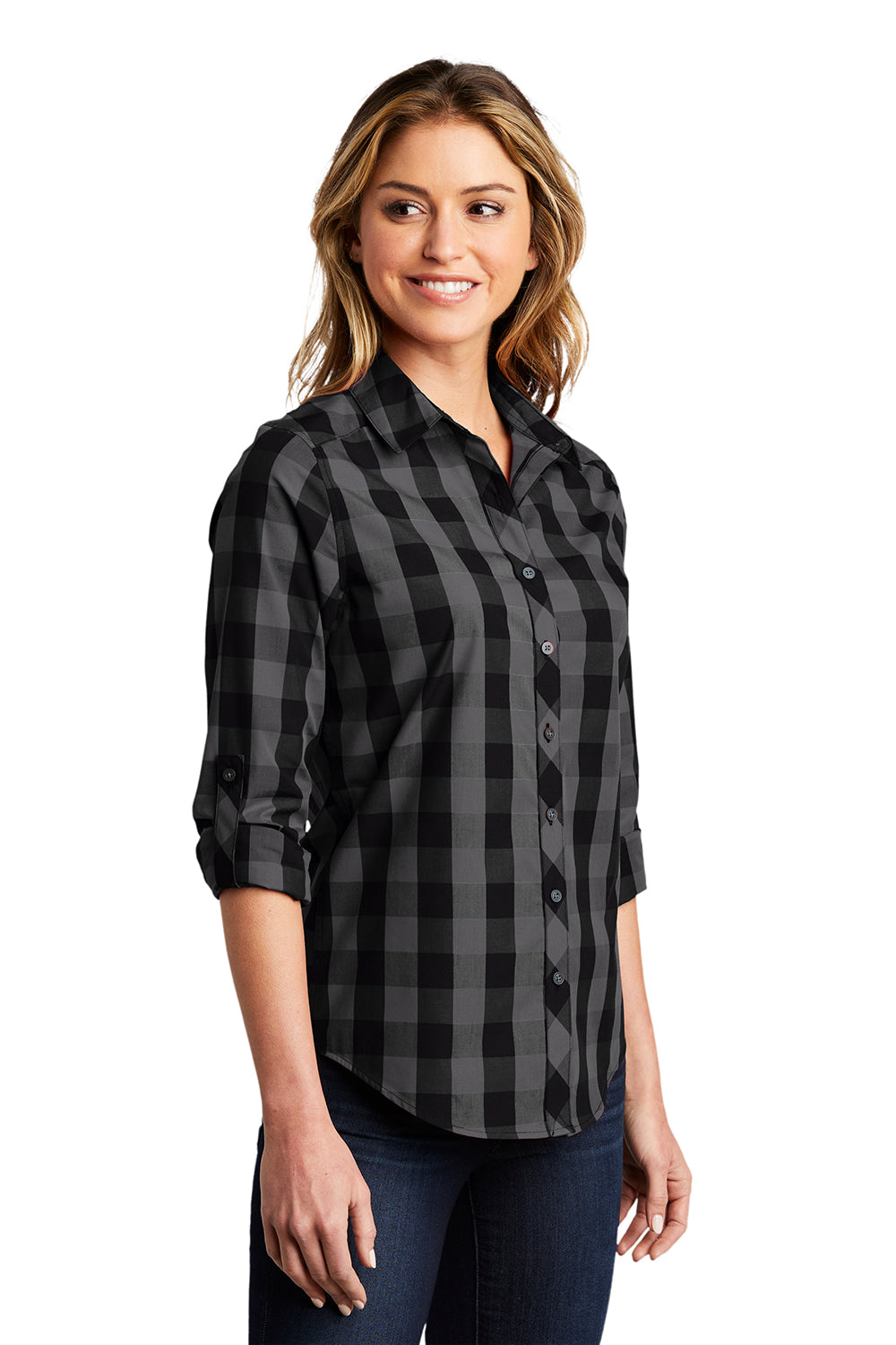 Port Authority LW670 Womens Everyday Plaid Long Sleeve Button Down Shirt Black Model 3q