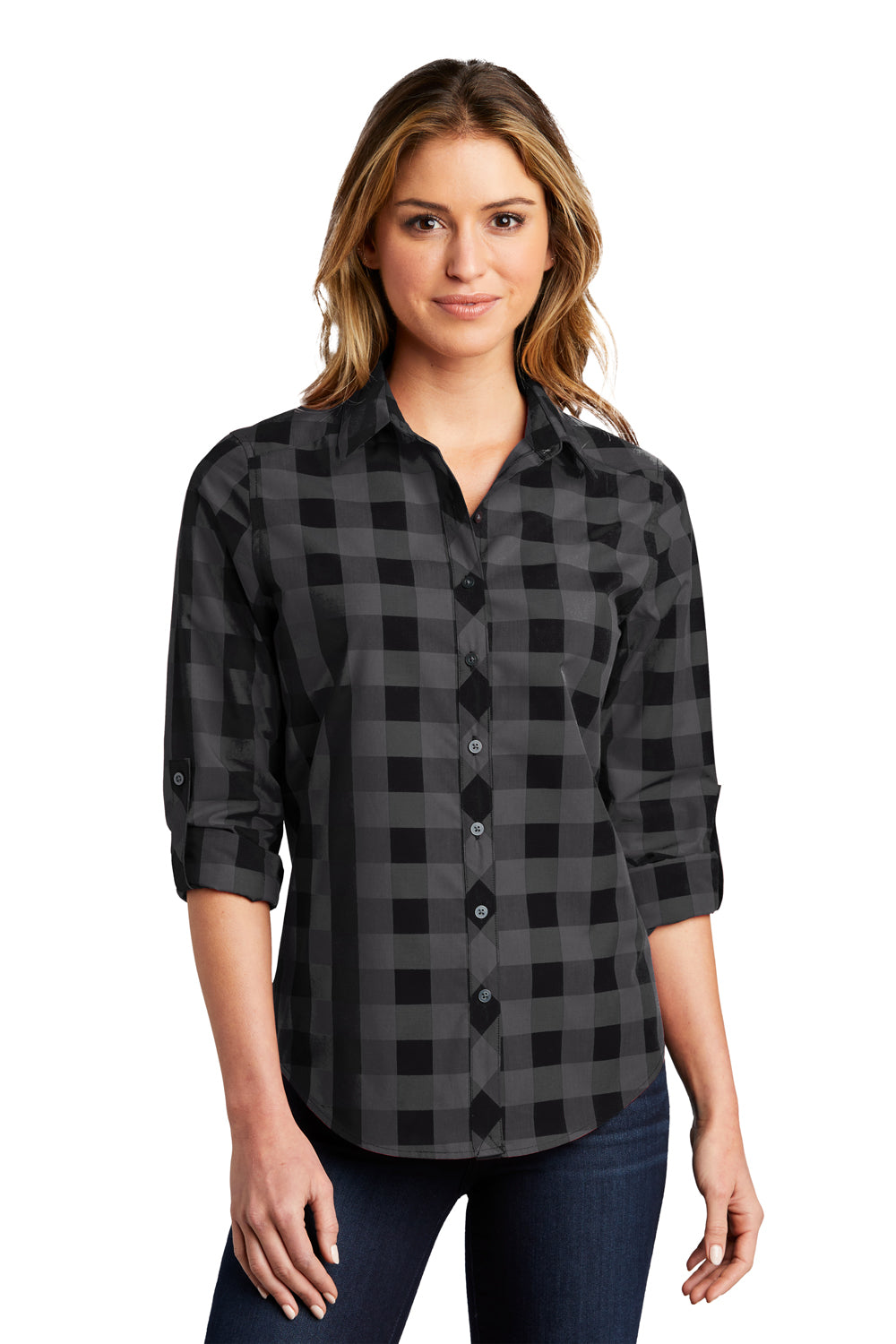 Port Authority LW670 Womens Everyday Plaid Long Sleeve Button Down Shirt Black Model Front