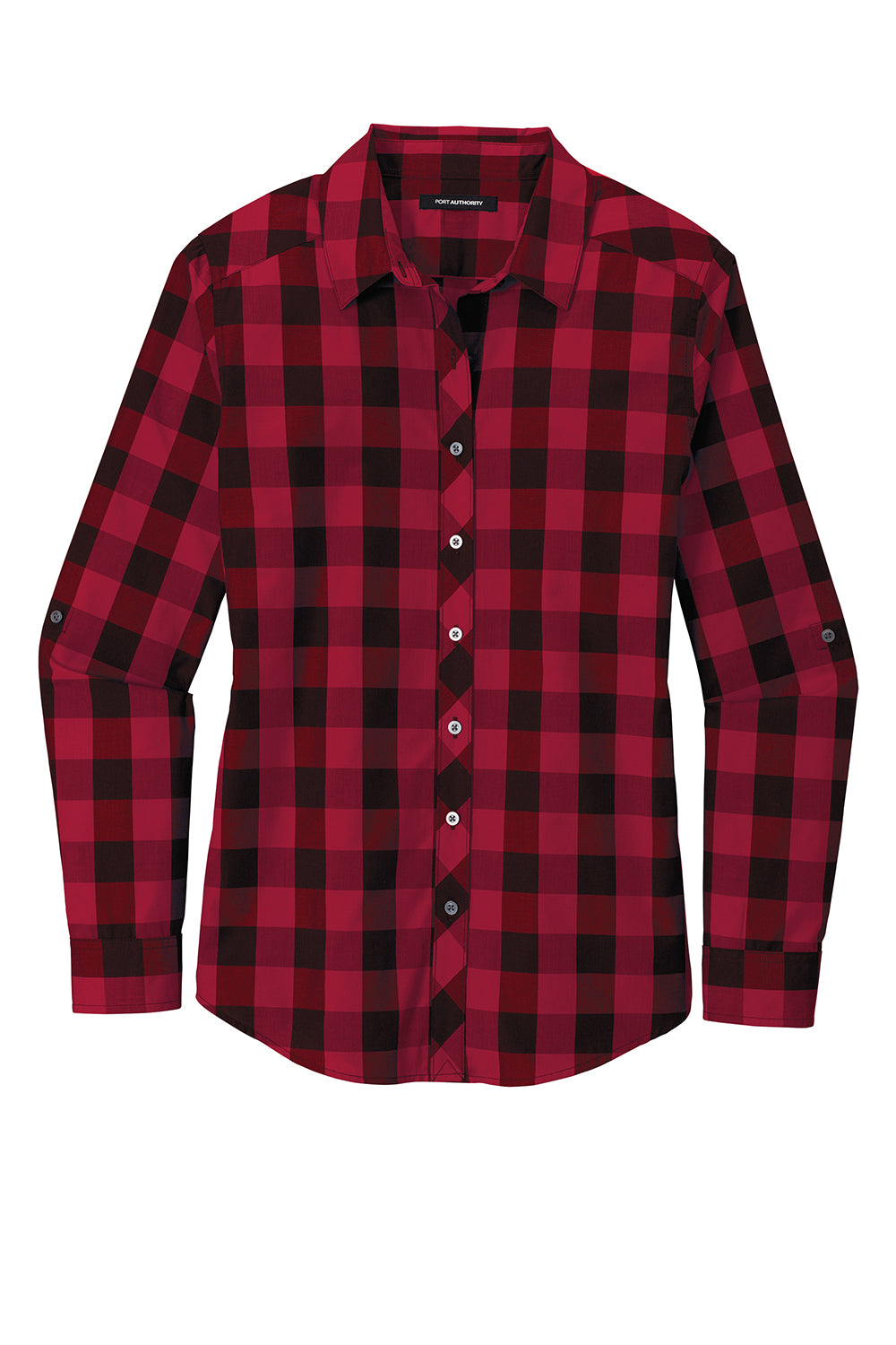 Port Authority LW670 Womens Everyday Plaid Long Sleeve Button Down Shirt Rich Red Flat Front