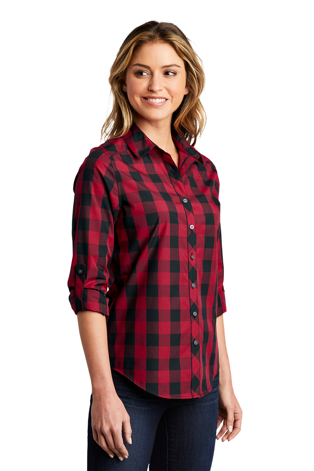 Port Authority LW670 Womens Everyday Plaid Long Sleeve Button Down Shirt Rich Red Model 3q