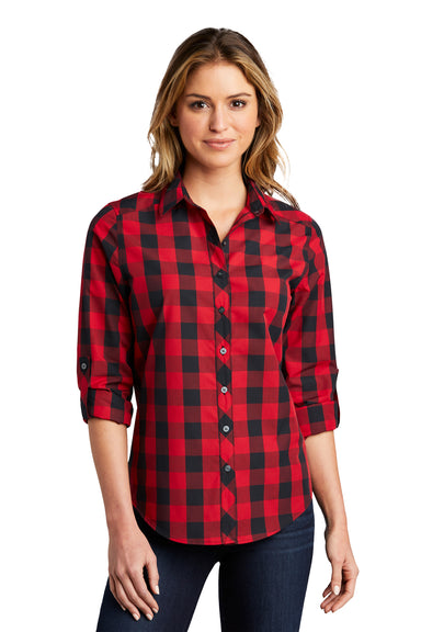 Port Authority LW670 Womens Everyday Plaid Long Sleeve Button Down Shirt Rich Red Model Front