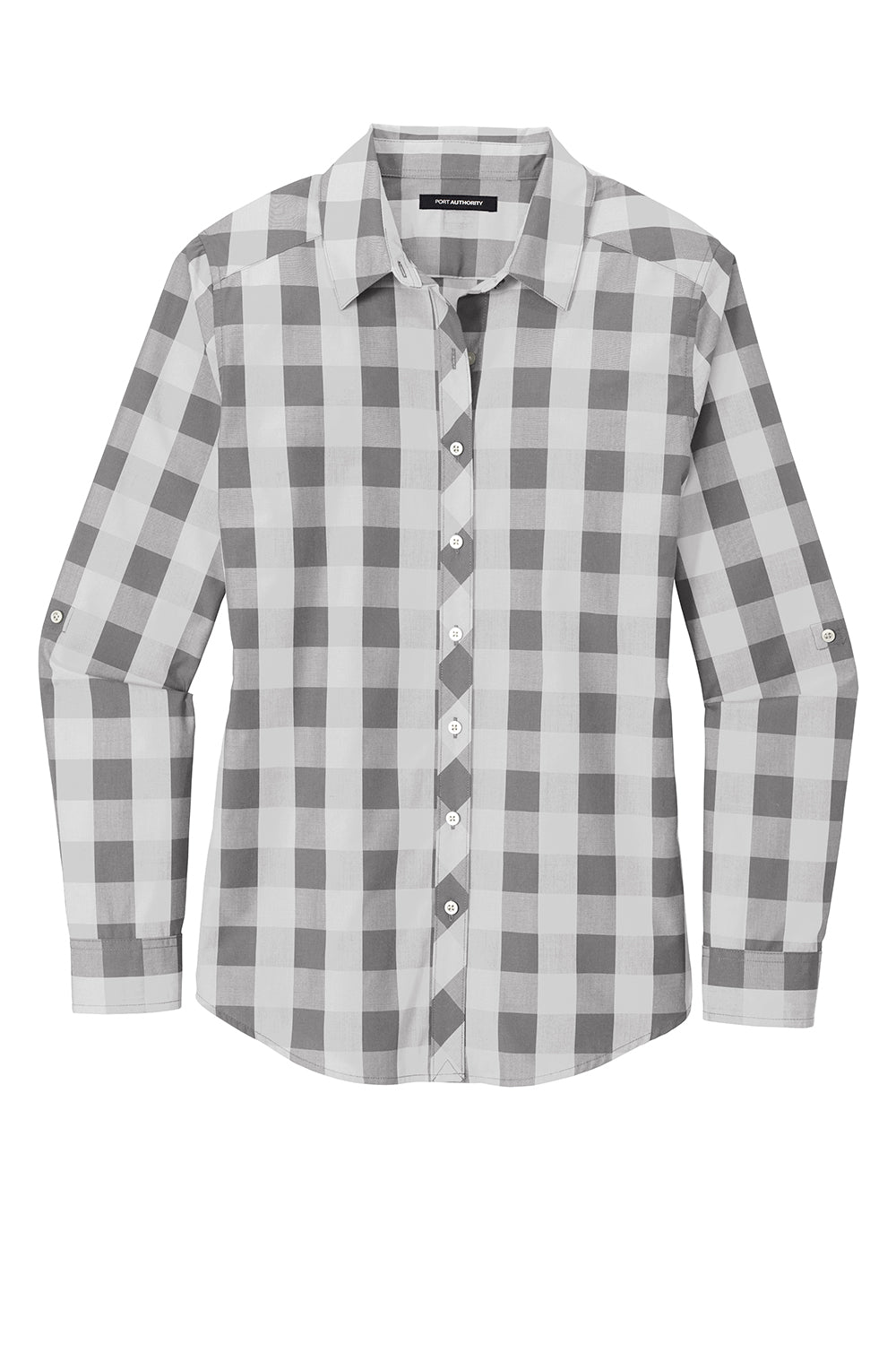 Port Authority LW670 Womens Everyday Plaid Long Sleeve Button Down Shirt Shadow Grey Flat Front