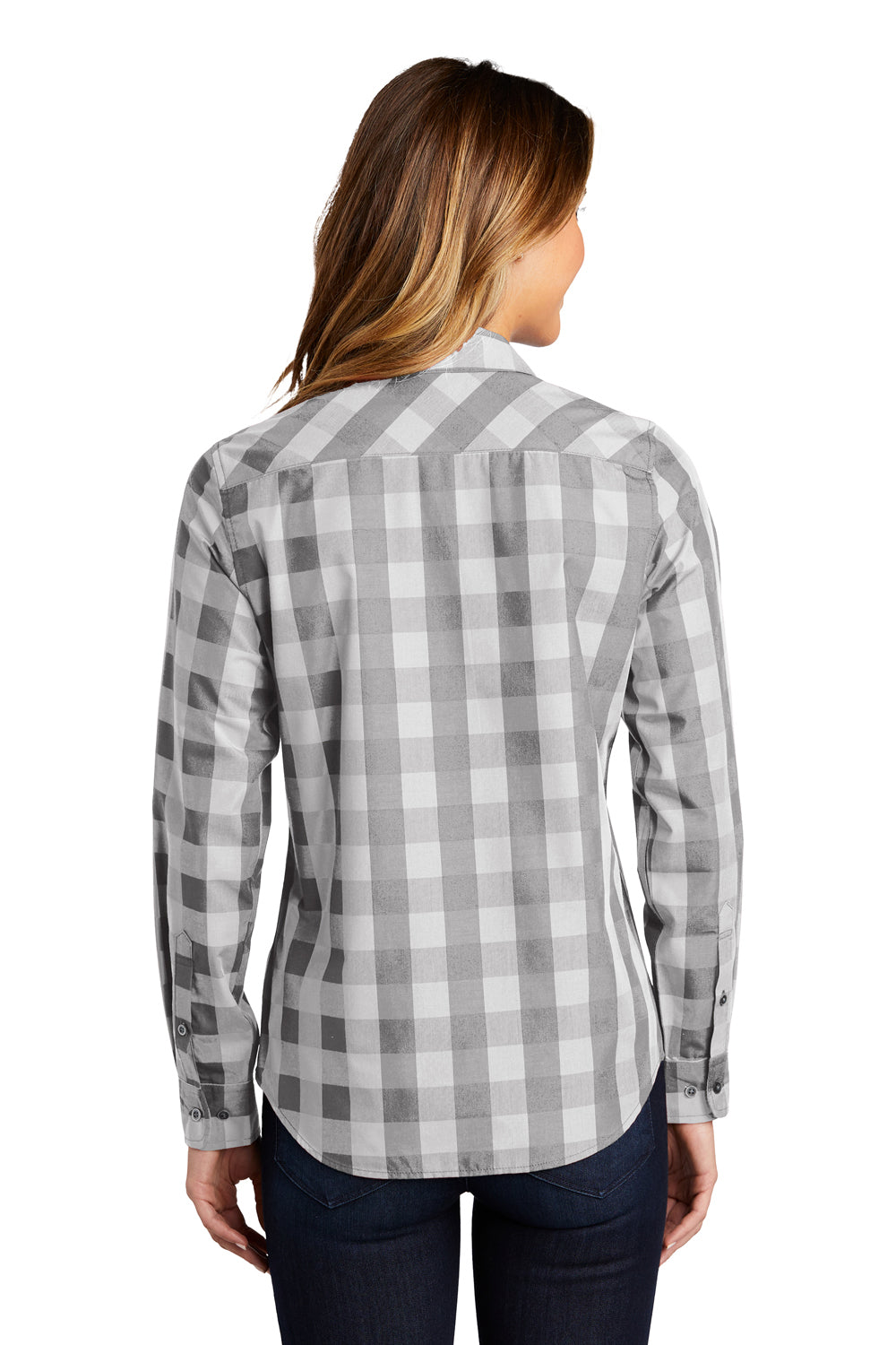 Port Authority LW670 Womens Everyday Plaid Long Sleeve Button Down Shirt Shadow Grey Model Back