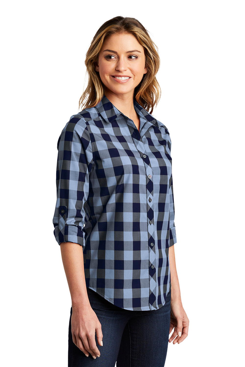 Port Authority LW670 Womens Everyday Plaid Long Sleeve Button Down Shirt True Navy Blue Model 3q