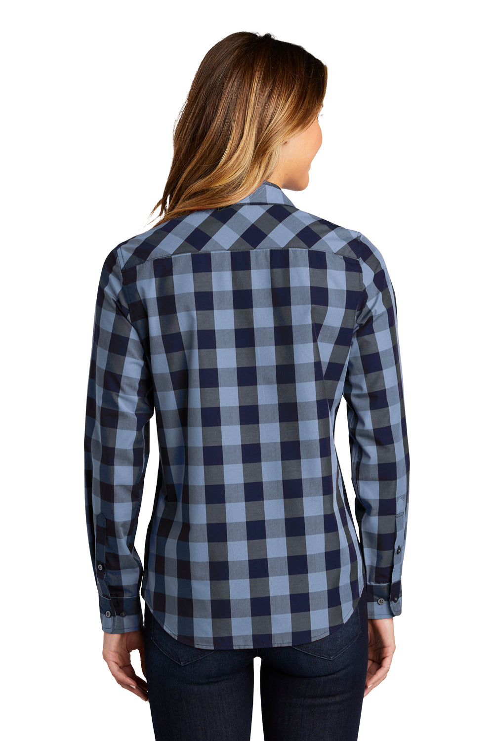 Port Authority LW670 Womens Everyday Plaid Long Sleeve Button Down Shirt True Navy Blue Model Back