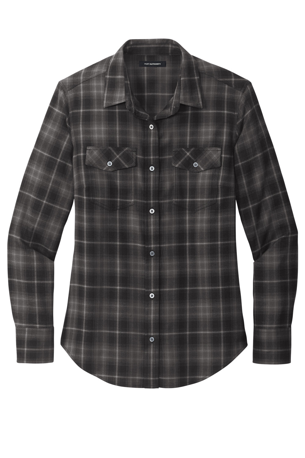 Port Authority LW672 Womens Ombre Plaid Long Sleeve Button Down Shirt w/ Double Pockets Deep Black Flat Front