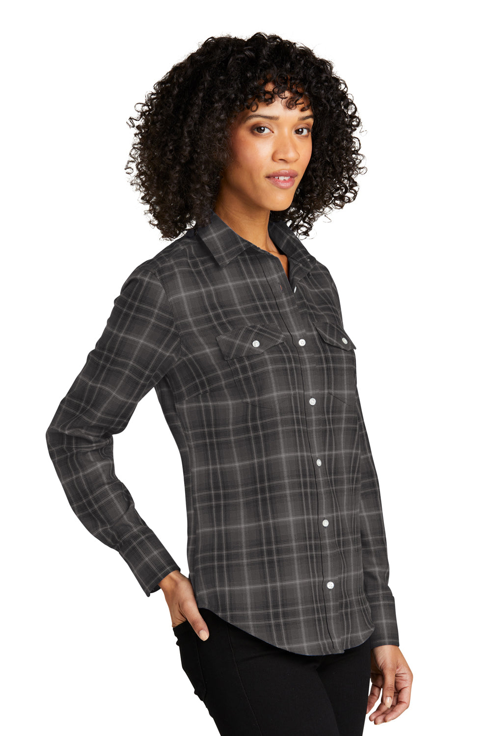 Port Authority LW672 Womens Ombre Plaid Long Sleeve Button Down Shirt w/ Double Pockets Deep Black Model 3q