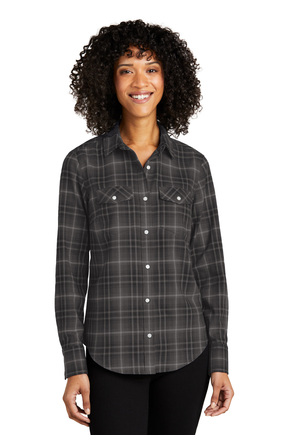 Port Authority LW672 Womens Ombre Plaid Long Sleeve Button Down Shirt w/ Double Pockets Deep Black Model Front