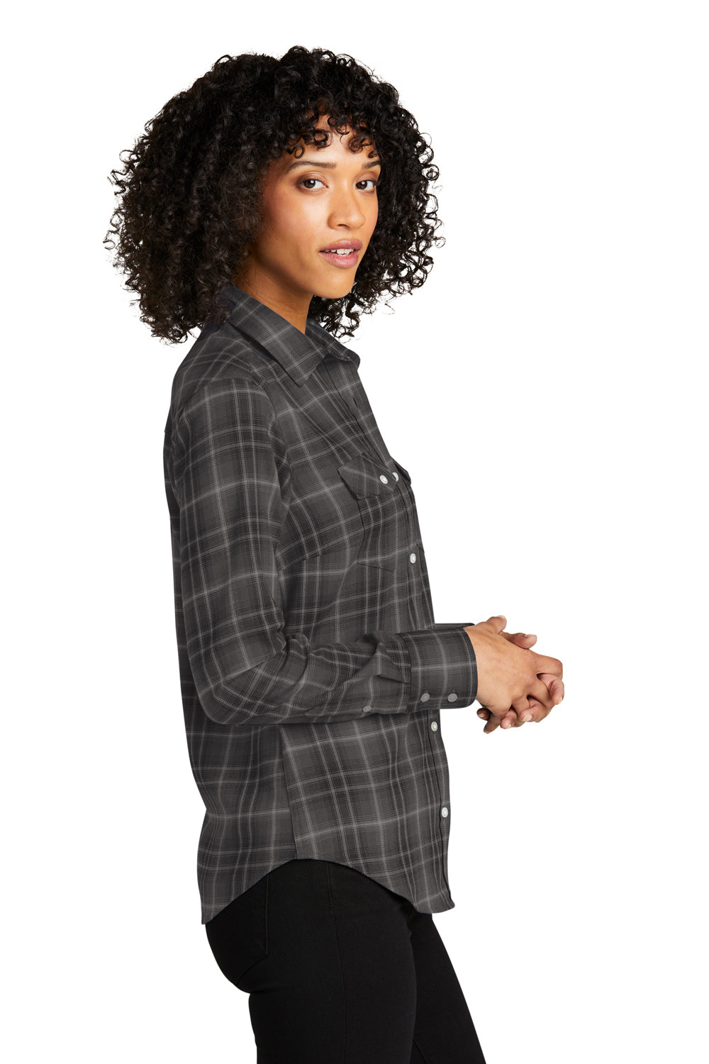 Port Authority LW672 Womens Ombre Plaid Long Sleeve Button Down Shirt w/ Double Pockets Deep Black Model Side