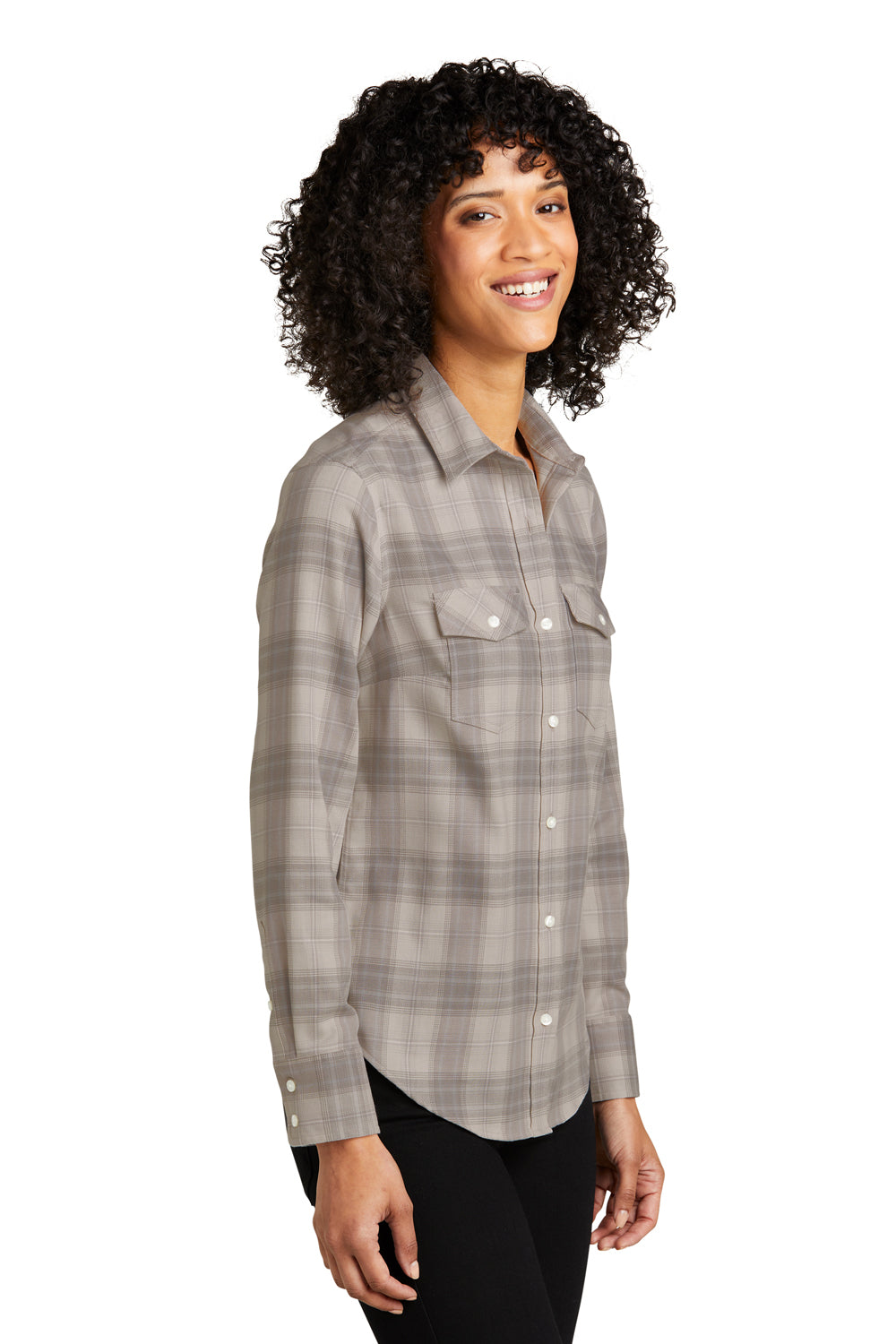 Port Authority LW672 Womens Ombre Plaid Long Sleeve Button Down Shirt w/ Double Pockets Frost Grey Model 3q