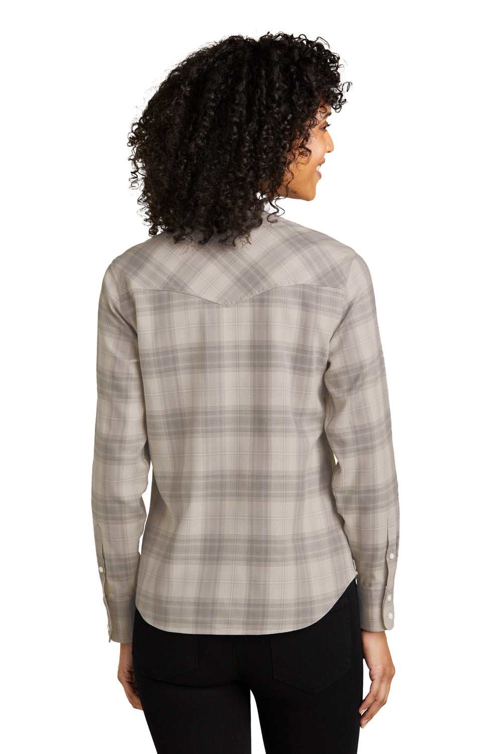 Port Authority LW672 Womens Ombre Plaid Long Sleeve Button Down Shirt w/ Double Pockets Frost Grey Model Back