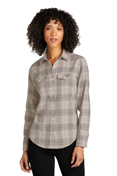 Port Authority LW672 Womens Ombre Plaid Long Sleeve Button Down Shirt w/ Double Pockets Frost Grey Model Front